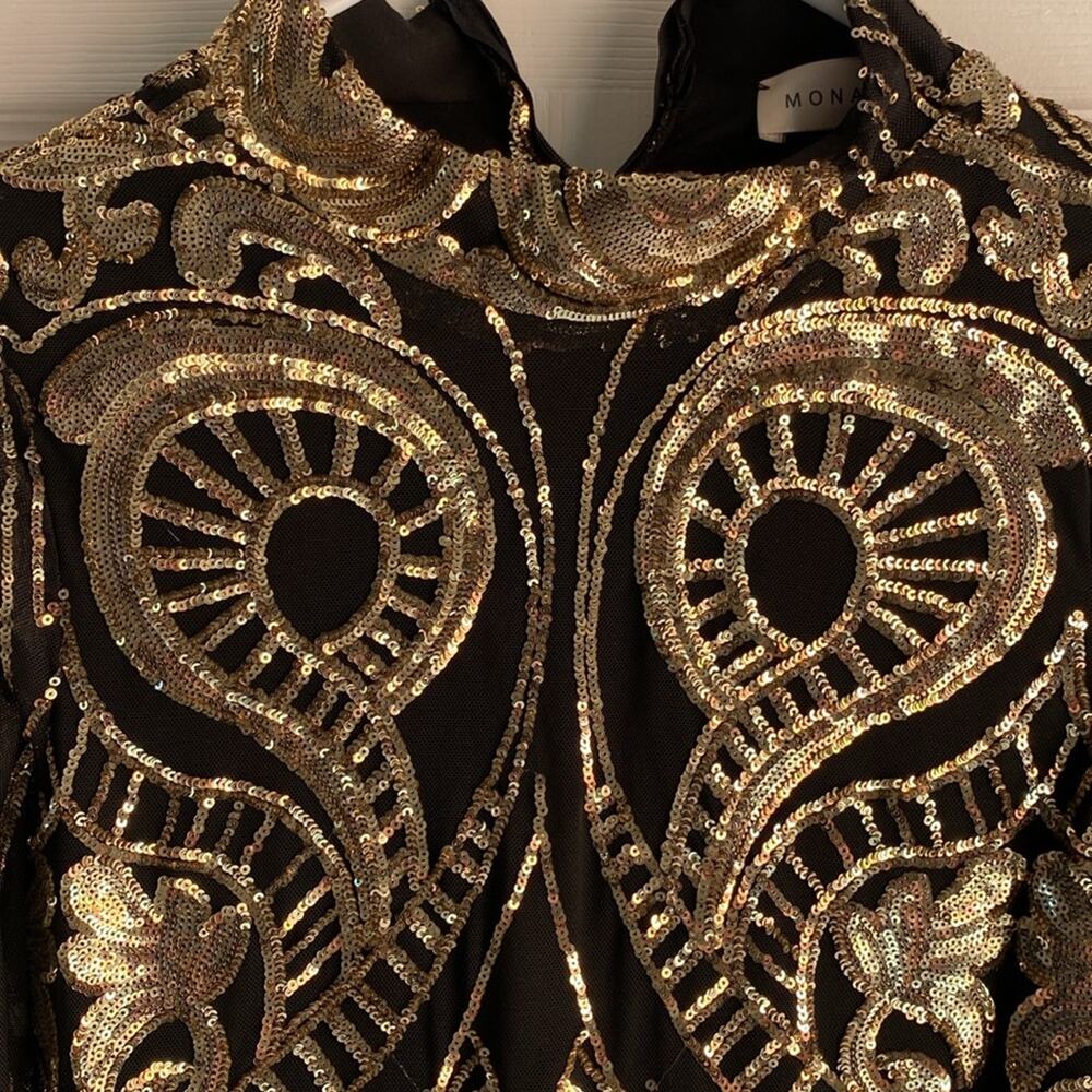 Black & Gold Sequin Bodycon Long Sleeve Dress M - Picture 3 of 10